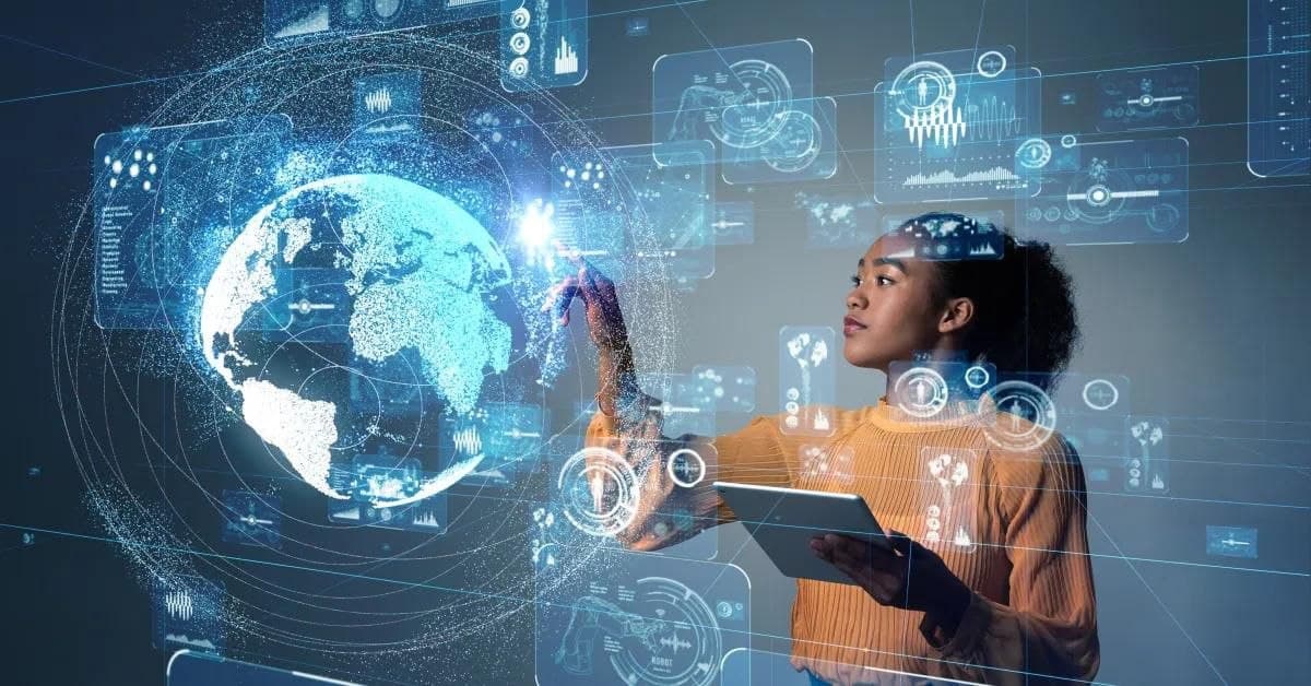 Woman interacting with a futuristic holographic data display