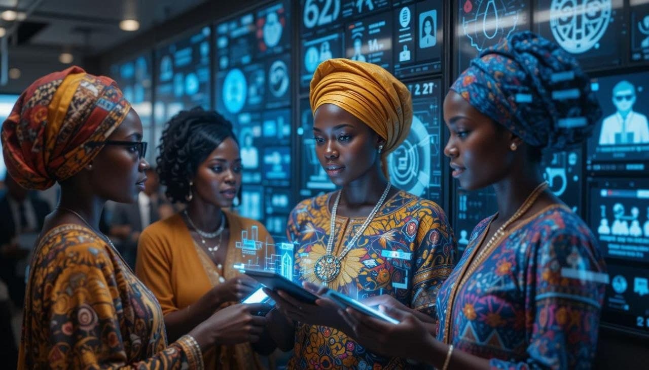 Women in colorful attire exploring data displays with tablets